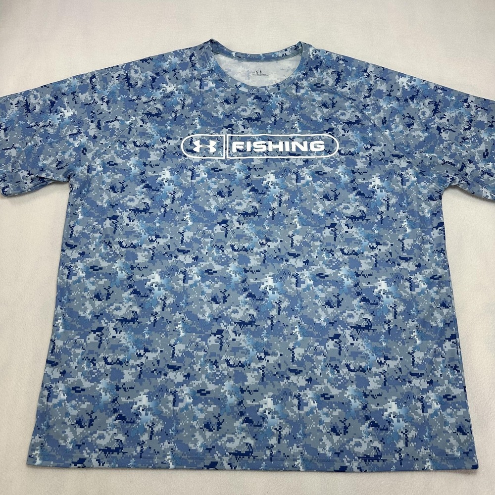 Under Armour Shirt Mens 2XL Blue Camo Fishing Performance Quick Dry Short Sleeve